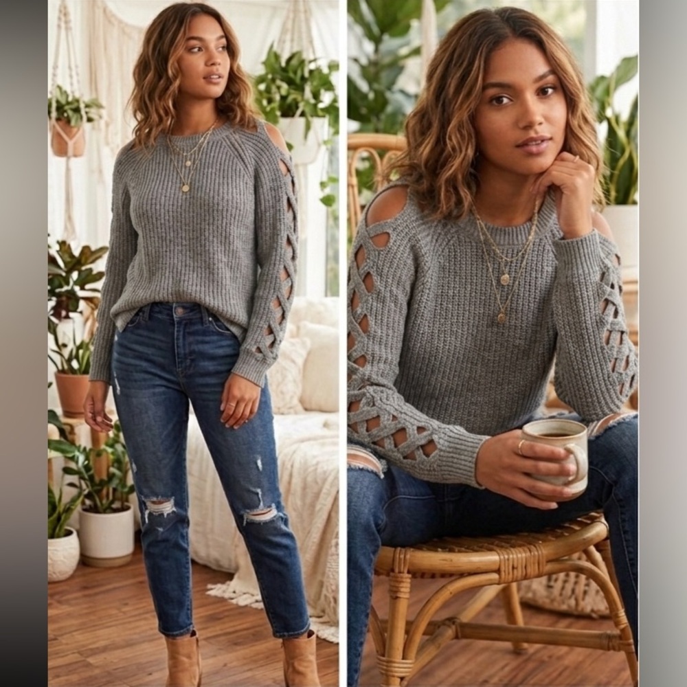 Alya for Francesca’s Grey Ribbed Lattice Sleeve Sweater Size M